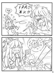 Rule 34 | !?, 2koma, 3girls, :d, ?, anger vein, arms up, bare shoulders, bow, braid, character name, collared shirt, comic, commentary, detached sleeves, dress shirt, drooling, emphasis lines, english commentary, english text, fang, fingerless gloves, gangut (kancolle), gloves, greyscale, guin guin, hair bow, hair ribbon, high ponytail, holding, holding smoking pipe, kantai collection, long hair, long sleeves, mini flag, monochrome, multiple girls, open mouth, smoking pipe, pleated skirt, ponytail, ribbon, sailor collar, saliva, sand castle, sand sculpture, school uniform, serafuku, shigure (kancolle), shirt, shoes, short sleeves, silent comic, single braid, skirt, sleeveless, sleeveless shirt, smile, socks, spinning, spoken interrobang, star (symbol), sweat, tears, trowel, very long hair, wide sleeves, yamakaze (kancolle)