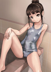 Rule 34 | 1girl, black hair, blunt bangs, breasts, brown eyes, commentary request, highres, looking at viewer, old school swimsuit, one-piece swimsuit, original, rohitsuka, school swimsuit, short hair, sidelocks, silver one-piece swimsuit, sitting, small breasts, solo, swimsuit, tile wall, tiles