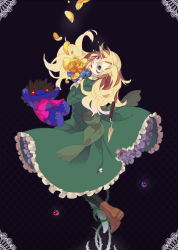 Rule 34 | 1girl, ascot, bad id, bad pixiv id, black background, black pantyhose, blonde hair, blue eyes, boots, doll, dress, flower, frills, full body, green dress, hand on own chest, head tilt, highres, ib (kouri), long hair, looking at viewer, mary (ib), pantyhose, petals, petticoat, plant, rose, rose petals, saikawa (0902k137), scalpel, simple background, solo, tears, thorns, vines, yellow flower, yellow rose