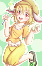 Rule 34 | 1girl, absurdres, animal ears, blonde hair, collarbone, crop top, dango, dior-zi, flat cap, floppy ears, food, footwear ribbon, green background, hat, highres, jumping, looking at viewer, mary janes, midriff, mochi, musical note, navel, open mouth, orange shirt, quaver, rabbit ears, red eyes, ringo (touhou), sandals, shirt, shoes, short hair, shorts, skewer, solo, touhou, wagashi