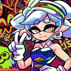 Rule 34 | 1girl, artist name, bare arms, bare shoulders, black dress, bow-shaped hair, breasts, detached collar, dress, earrings, food, food on head, gloves, grey hair, half updo, hand on own hip, highres, hoop earrings, inkling, jewelry, marie (splatoon), medium breasts, mole, mole under eye, nintendo, nyapurrlitan, object on head, pointy ears, short dress, solo, splatoon (series), strapless, strapless dress, sushi, swept bangs, tentacle hair, thick eyebrows, twitter username, upper body, v, white gloves, yellow eyes