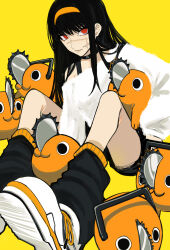 Rule 34 | 1girl, black choker, black hair, chainsaw man, choker, closed mouth, facial scar, headband, highres, long hair, looking at viewer, off-shoulder shirt, off shoulder, orange headband, orange theme, pochita (chainsaw man), red eyes, ringed eyes, sailen0, scar, scar on cheek, scar on face, shirt, shoes, sitting, smile, sneakers, solo focus, white footwear, white fur, yellow background, yellow theme, yoru (chainsaw man)