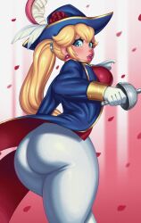 Rule 34 | 1girl, absurdres, ass, blonde hair, blue eyes, blue hat, blush, breasts, flatillustrator khan, from behind, gloves, hat, highres, huge ass, long hair, looking at viewer, looking back, mario (series), medium breasts, nintendo, open mouth, pants, ponytail, princess peach, princess peach: showtime!, sideboob, smile, solo, sword, swordfighter peach, thick thighs, thighs, tight clothes, tight pants, weapon