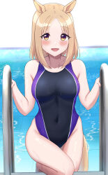 Rule 34 | 1girl, absurdres, animal ears, black one-piece swimsuit, blonde hair, breasts, competition swimsuit, covered navel, highleg, highleg swimsuit, highres, horse ears, horse tail, looking at viewer, medium breasts, narita top road (umamusume), one-piece swimsuit, pool ladder, short hair, smile, solo, swimsuit, tail, two-tone swimsuit, umamusume, wakame miso, water, yellow eyes