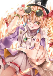 Rule 34 | 1girl, absurdres, adjusting eyewear, black hat, blush, bow, bracelet, coat, commentary request, cowboy shot, dress, drill hair, earrings, eyewear on head, gold bracelet, hair between eyes, hat, hat bow, highres, jewelry, looking at viewer, mahoro (minase mahoro), nail polish, open clothes, open coat, open mouth, orange hair, pendant, pink nails, purple coat, solo, sunglasses, teeth, top hat, touhou, twin drills, upper teeth only, v-shaped eyebrows, white bow, white dress, yellow eyes, yorigami jo&#039;on
