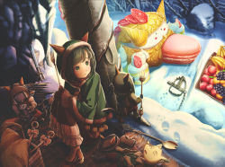 Rule 34 | 1girl, aiuabo, animal, banana, basket, behind tree, black hair, boots, cake, can, candy, capelet, clothed animal, commentary request, cream, day, dog, food, food on face, food print, bear trap, fork, frilled skirt, frilled sleeves, frills, fruit, gloves, grapes, green capelet, green eyes, hat, unworn hat, unworn headwear, hood, hood up, hooded capelet, hunting, knees up, macaron, mittens, original, outdoors, parted lips, short hair, sitting, skirt, sleeping, snow, spoon, strawberry, sweets, tree