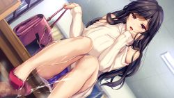 Rule 34 | 1girl, absurdres, amagi ryou, bag, black hair, blush, boku to joi no shinsatsu nisshi, bookshelf, breasts, brown eyes, cameltoe, censored, clothing cutout, cum, cum on body, cum on lower body, dress, dutch angle, ejaculation, footjob, from below, game cg, groin, handbag, head rest, highres, indoors, knees together feet apart, large breasts, legs, long hair, looking at viewer, monety, mosaic censoring, open mouth, original, panties, pantyshot, penis, pov, shoejob, shoes, shoulder cutout, sitting, sitting on table, smile, table, thighs, turtleneck, underwear