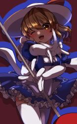 Rule 34 | 1girl, ahodemoaru, apron, blonde hair, blue dress, bow, dress, elbow gloves, frills, gloves, hat, hat bow, hat ribbon, highres, kana anaberal, open mouth, puffy short sleeves, puffy sleeves, ribbon, road sign, short hair, short sleeves, sign, silhouette, smile, solo, touhou, touhou (pc-98), white gloves, white hat, yellow eyes