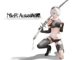 Rule 34 | 1girl, absurdres, bare shoulders, black gloves, black thighhighs, blue eyes, breasts, elbow gloves, gloves, hair between eyes, hairband, highres, holding, holding sword, holding weapon, katana, kneeling, looking at viewer, mizu (dl7613), nier:automata, nier (series), on one knee, scar, shadow, short hair, simple background, solo, sports bra, squatting, sword, thighhighs, torn clothes, torn thighhighs, vest, weapon, white background, white hair, 2b (nier:automata)