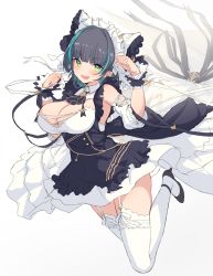 Rule 34 | 1girl, :d, animal ears, armpits, arms up, azur lane, black dress, black footwear, black hair, breasts, cat ears, cheshire (azur lane), cleavage, detached sleeves, dress, fake animal ears, fang, full body, garter straps, green eyes, headdress, high heels, highres, large breasts, leg up, long hair, looking at viewer, multicolored hair, nemeneko 6, open mouth, paw pose, smile, solo, streaked hair, thighhighs, white thighhighs, zettai ryouiki