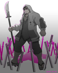 Rule 34 | 1boy, bara, bead necklace, beads, colored shadow, cross scar, facial hair, fighting stance, full body, geta, goatee stubble, gorioxxxx, gradient background, highres, holding, holding polearm, holding weapon, hood, hood up, hooded jacket, houzouin oniwaka, jacket, japanese clothes, jewelry, katana, kimono, looking at viewer, male focus, monk, muscular, muscular male, naginata, necklace, open clothes, open jacket, pectoral cleavage, pectorals, polearm, scar, scar on face, scar on forehead, shadow, sideburns, solo, spot color, stubble, sword, tokyo houkago summoners, weapon