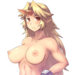 Rule 34 | 1girl, aaaa (quad-a), abs, bad id, bad pixiv id, blonde hair, blush, breasts, breasts apart, collarbone, female focus, highres, horns, hoshiguma yuugi, large breasts, light smile, long hair, looking at viewer, nipples, nude, oni, pointy ears, red eyes, simple background, single horn, smile, solo, star (symbol), toned, touhou, upper body, white background
