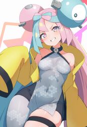 Rule 34 | 1girl, black shorts, blush, bow-shaped hair, breasts, character hair ornament, collarbone, covered navel, creatures (company), game freak, green hair, grey pantyhose, grey shirt, grin, hair ornament, head tilt, highres, iono (pokemon), jacket, kamidan, long hair, multicolored hair, nintendo, open clothes, open jacket, pantyhose, pink hair, pokemon, pokemon sv, shirt, shorts, single leg pantyhose, sleeveless, sleeveless shirt, sleeves past fingers, sleeves past wrists, smile, solo, teeth, thigh strap, twintails, two-tone hair, yellow jacket