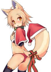 Rule 34 | 1girl, animal ears, ass, black thighhighs, brown eyes, brown hair, capelet, christmas, collar, commentary request, covering privates, covering breasts, dog ears, dog tail, fang, from behind, furry, furry female, hands on own chest, hat, kida kuro mu, leonor (kida kuro mu), looking back, no pants, open mouth, original, panties, red capelet, red panties, ribbon, santa hat, short hair, simple background, solo, tail, tail ornament, tail ribbon, thighhighs, underwear, white background