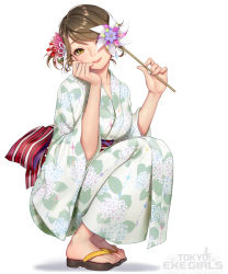 Rule 34 | 1girl, breasts, brown eyes, brown hair, closed mouth, collarbone, earrings, feet, fingernails, floral print, full body, hair ornament, highres, holding, japanese clothes, jewelry, kimono, lips, logo, looking at viewer, masami chie, medium breasts, obi, official art, pinwheel, sandals, sash, simple background, smile, solo, squatting, toes, tokyo exe girls, toy, white background, wide sleeves