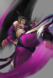 Rule 34 | 1girl, ass, bare shoulders, black hair, breasts, capcom, covered erect nipples, detached sleeves, drill hair, fingerless gloves, fingernails, gloves, halterneck, halterneck, han juri, highres, jiam009, kicking, legs, lips, midriff, motion blur, nail, nail polish, purple eyes, sideboob, solo, street fighter, street fighter iv (series), toned, tongue, tongue out, twin drills, twintails
