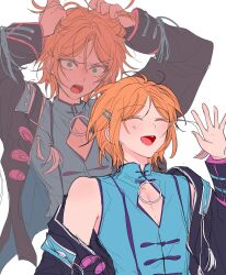 2boys ^_^ absurdres aoi_yuta behind_another bishounen cleavage_cutout closed_eyes clothing_cutout constricted_pupils diamond_cutout dual_persona ensemble_stars! grabbing_own_hair highres inner_ego male_focus mandarin_collar multiple_boys nervous_sweating open_mouth projected_inset rndcod simple_background single_off_shoulder sketch smile sweat teeth three_quarter_view tongue upper_teeth_only waving white_background