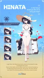 Rule 34 | absurdres, bare shoulders, black bra, black choker, black hair, blue archive, bra, braid, braided ponytail, choker, commentary, criss-cross halter, double bikini, english commentary, english text, expressions, flower, hair over one eye, halo, halterneck, hat, hat flower, highres, hinata (blue archive), hinata (swimsuit) (blue archive), layered swimsuit, long hair, official alternate costume, official art, one-piece swimsuit, sun hat, swimsuit, underwear, very long hair, white one-piece swimsuit, white swimsuit, yellow halo