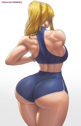 Rule 34 | 1girl, alternate costume, ass, bare shoulders, blonde hair, breasts, from behind, highres, huge ass, long hair, metroid, muscular, muscular female, nintendo, ponytail, samus aran, shiny clothes, shiny skin, short shorts, shorts, sideboob, solo, superbusty, thick thighs, thighs
