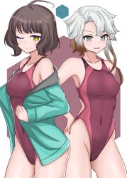 Rule 34 | 1girl, absurdres, adapted costume, ahoge, akishimo (kancolle), asymmetrical hair, blunt bangs, breasts, brown eyes, brown hair, brown one-piece swimsuit, commentary request, contrapposto, covered navel, gradient hair, green jacket, grey eyes, highleg, highleg swimsuit, highres, hood, hooded jacket, jacket, kantai collection, kishinami (kancolle), looking at viewer, medium breasts, multicolored hair, one-piece swimsuit, one eye closed, short hair, short hair with long locks, solo, swimsuit, tokiwa senkei, two-tone swimsuit, wavy hair