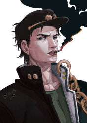 Rule 34 | 1boy, artist name, black hair, black hat, black jacket, blue eyes, chain, cigarette, dated, hat, highres, jacket, jojo no kimyou na bouken, kuujou joutarou, looking at viewer, male focus, mouth hold, simple background, smoking, solo, stardust crusaders, upper body, vicious-xuan, white background