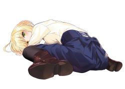 Rule 34 | 1girl, artoria pendragon (all), artoria pendragon (fate), bad id, bad twitter id, black pantyhose, blonde hair, blue skirt, blush, boots, braid, breasts, fate/stay night, fate (series), from behind, green eyes, high-waist skirt, long skirt, long sleeves, looking at viewer, miruto netsuki, pantyhose, saber (fate), sitting, skirt, small breasts, solo, white background
