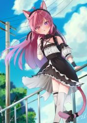 Rule 34 | 1girl, :o, against railing, ahoge, animal ear fluff, animal ears, asymmetrical legwear, bandaged arm, bandages, bare shoulders, black choker, black hairband, black skirt, blush, bow, braid, cat ears, cat girl, cat tail, center frills, choker, detached sleeves, feet out of frame, french braid, frilled choker, frilled hairband, frilled shirt, frills, hairband, heterochromia, high-waist skirt, indie virtual youtuber, lolita hairband, long hair, looking at viewer, lukas reule, mikeneko (vtuber), mikeneko (vtuber) (1st costume), miniskirt, out of frame, puffy detached sleeves, puffy short sleeves, puffy sleeves, purple eyes, railing, red eyes, red hair, ribbon, shirt, short sleeves, skirt, sleeveless, sleeveless shirt, solo, straight hair, tail, tail bow, tail ornament, tail ribbon, thighhighs, v-shaped eyebrows, virtual youtuber, white skirt, white thighhighs, wrist cuffs