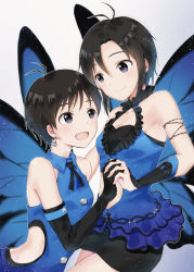Rule 34 | 2girls, :d, antenna hair, bare hips, black eyes, black gloves, black hair, black ribbon, black skirt, blue shirt, blue wings, breasts, butterfly wings, cleavage, closed mouth, collared shirt, earrings, elbow gloves, gloves, grey background, hair between eyes, highres, holding hands, idolmaster, idolmaster (classic), insect wings, interlocked fingers, jewelry, kikuchi makoto, miniskirt, mogskg, multiple girls, neck ribbon, open mouth, pencil skirt, ribbon, shirt, short hair, simple background, skirt, sleeveless, sleeveless shirt, small breasts, smile, sparkle, wing collar, wings