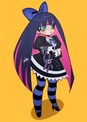 Rule 34 | 1girl, 3mia hadi3, black dress, black thighhighs, blue ribbon, blue thighhighs, blunt bangs, bow, breasts, colored inner hair, dress, full body, green eyes, hair bow, highres, holding, holding stuffed toy, large bow, long hair, medium breasts, multicolored hair, neck ribbon, open mouth, panty &amp; stocking with garterbelt, pink hair, purple hair, ribbon, solo, standing, stocking (psg), striped clothes, striped thighhighs, stuffed animal, stuffed cat, stuffed toy, thighhighs, two-tone hair