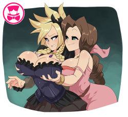 Rule 34 | 2girls, aerith gainsborough, blonde hair, blue eyes, blush, braid, grabbing another&#039;s breast, breasts, brown hair, bursting breasts, cleavage, cloud strife, dress, eye contact, final fantasy, final fantasy vii, genderswap, genderswap (mtf), grabbing, grabbing from behind, green eyes, jewelry, large breasts, long hair, looking at another, looking at viewer, multiple girls, necklace, schpicy, smile, smug, wall market, yuri