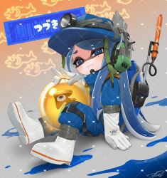 Rule 34 | 1girl, :3, blue eyes, blue hair, blue jumpsuit, boots, closed mouth, commentary, commission, duct tape, full body, gloves, golden egg, gradient background, grey background, heart, heart-shaped pupils, highres, inkling, inkling girl, inkling player character, jumpsuit, lifebuoy, long hair, looking at viewer, mining helmet, mole, mole under eye, nintendo, orange background, puchiman, rubber boots, rubber gloves, salmon run (splatoon), sitting, smile, smug, solo, splashtag (splatoon), splatoon (series), splatoon 3, swim ring, symbol-shaped pupils, two-tone background, white footwear, white gloves