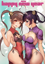 Rule 34 | 2018, 2girls, absurdres, ahoge, anchor hair ornament, asymmetrical docking, azur lane, bare shoulders, black hair, black panties, blush, breast press, breasts, brown hair, china dress, chinese clothes, cleavage cutout, closed mouth, clothing cutout, clover cutout, covered navel, dress, hair ornament, hair rings, hairband, happy new year, highres, hip focus, large breasts, long hair, looking at another, looking at viewer, multiple girls, nako (ayasakinako), new year, ning hai (azur lane), open mouth, panties, pantyshot, ping hai (azur lane), purple dress, purple eyes, red eyes, shrug (clothing), side-tie panties, sideboob, small breasts, twintails, underwear, very long hair, white hairband, white panties