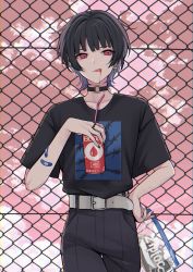 Rule 34 | 1girl, absurdres, banned artist, belt, belt buckle, bendy straw, black choker, black hair, black nails, black pants, black shirt, buckle, can, chain-link fence, choker, cloud, collarbone, drinking straw, earrings, eyebrows hidden by hair, fence, highres, holding, holding can, jewelry, licking lips, multicolored hair, nail polish, original, outdoors, pants, purple hair, red eyes, shimizu akina, shirt, short sleeves, sky, solo, tongue, tongue out, two-tone hair, white belt, wide sleeves, ziploc bag