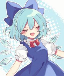 Rule 34 | 1girl, :d, aqua background, aqua hair, blue bow, blue dress, blush, bow, bowtie, cirno, closed eyes, collared shirt, commentary request, detached wings, dress, facing viewer, frilled shirt collar, frills, hair between eyes, hair bow, ice, ice wings, kyouda suzuka, open mouth, pinafore dress, puffy short sleeves, puffy sleeves, red bow, red bowtie, shirt, short hair, short sleeves, sleeveless, sleeveless dress, smile, solo, touhou, two-tone background, upper body, white background, wings