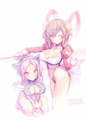 Rule 34 | 2girls, :3, ;), absurdres, animal ears, blue eyes, blurry, breasts, cat ears, cat tail, character request, cleavage, copyright request, covered erect nipples, covered navel, full body, hair ornament, highres, hip focus, large breasts, leotard, looking at viewer, multiple girls, one eye closed, purple eyes, purple hair, rabbit ears, red hair, rondo bell, saga, saga frontier, seiza, simple background, sitting, skin tight, smile, standing, tail, thighs, white background