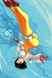 Rule 34 | 1girl, ass, belt, bodysuit, breasts, brown eyes, crossed legs, final fantasy, final fantasy ix, full body, garnet til alexandros xvii, gloves, highres, holding, holding weapon, jewelry, large breasts, long sleeves, looking at viewer, necklace, orange bodysuit, red footwear, red gloves, sanchezisfine, short hair, signature, solo, staff, thigh strap, upside-down, weapon, white belt, white sleeves