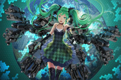 Rule 34 | 1girl, dress, elbow gloves, floating hair, gloves, green eyes, green hair, hatsune miku, highres, long hair, matching hair/eyes, microphone, open mouth, salmon88, solo, thighhighs, twintails, vocaloid