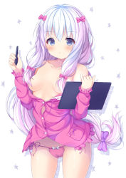 Rule 34 | 1girl, bare shoulders, blue eyes, bow, breasts, cameltoe, collarbone, drawing tablet, eromanga sensei, hair bow, hair over breasts, holding, izumi sagiri, jan (janpx2012), long hair, low-tied long hair, off shoulder, open clothes, pajamas, panties, pink bow, pink panties, silver hair, small breasts, solo, star (symbol), stylus, underwear