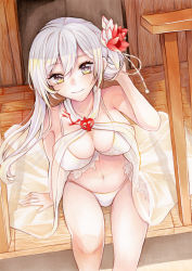 Rule 34 | 1girl, adjusting hair, bikini, breasts, cleavage, closed mouth, dress, fingernails, floor, flower, hair between eyes, hair flower, hair ornament, long hair, looking at viewer, navel, oimo tororo, red flower, see-through, see-through dress, sinoalice, sitting, smile, snow white (sinoalice), solo, swimsuit, traditional media, white bikini, white eyes, white flower, white hair
