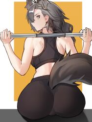 Rule 34 | 1girl, absurdres, animal ear fluff, animal ears, arknights, ass, back, barbell, bare arms, bare shoulders, black pants, black sports bra, braid, brown eyes, brown hair, clothing cutout, commentary, distr, english commentary, exercising, extra ears, from behind, hair behind ear, highres, long hair, looking at viewer, looking back, mole, mole above eye, orange background, pants, penance (arknights), shoulder blades, sitting, solo, sports bra, sportswear, tail, tail through clothes, tight clothes, tight pants, upper body, weightlifting, wolf ears, wolf girl, wolf tail, yoga pants