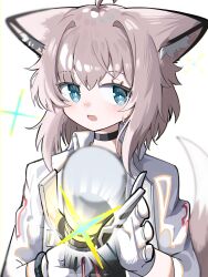 Rule 34 | 1girl, :d, absurdres, ahoge, animal ear fluff, animal ears, arknights, black choker, blue dress, blue eyes, blush, brown hair, choker, dress, fox ears, fox girl, fox tail, gloves, hair between eyes, hair intakes, hands up, highres, holding, jacket, looking at viewer, open clothes, open jacket, open mouth, simple background, smile, solo, spam (spamham4506), sussurro (arknights), sweat, tail, upper body, white background, white gloves, white jacket