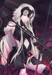 Rule 34 | 1girl, absurdres, black dress, black gloves, black thighhighs, breasts, chain, clothing cutout, dress, elbow gloves, fate/grand order, fate (series), fur trim, gloves, hair between eyes, highres, holding, holding sword, holding weapon, jeanne d&#039;arc (fate), jeanne d&#039;arc alter (avenger) (fate), jeanne d&#039;arc alter (avenger) (third ascension) (fate), jeanne d&#039;arc alter (fate), long hair, medium breasts, navel cutout, parted lips, polearm, side cutout, silver hair, sleeveless, sleeveless dress, smile, solo, standing, sword, thighhighs, very long hair, weapon, xtears kitsune, yellow eyes