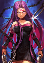 Rule 34 | 1girl, bare shoulders, black dress, blue background, breasts, chain, cleavage, closed mouth, collar, collarbone, dagger, detached sleeves, dress, facial mark, fate/stay night, fate (series), forehead, forehead mark, hungry clicker, knife, large breasts, long hair, looking at viewer, medusa (fate), medusa (rider) (fate), nameless dagger (fate), parted bangs, purple eyes, purple hair, short dress, solo, strapless, strapless dress, very long hair, weapon