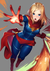 Rule 34 | 1girl, animification, blonde hair, blue eyes, bodysuit, boots, breasts, captain marvel, carol danvers, clenched hand, gloves, highres, kagematsuri, long hair, marvel, open mouth, red footwear, red gloves, sash, simple background, solo, superhero costume