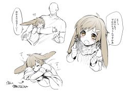 Rule 34 | 2boys, :d, ahoge, animal ears, bad id, bad pixiv id, blush, brown hair, carrot hair ornament, clenched hands, erubo, faceless, faceless male, fang, food-themed hair ornament, fur trim, hair ornament, hairclip, hug, lop ear (erubo), lop rabbit ears, monochrome, multiple boys, open mouth, original, rabbit ears, ribbed shirt, shirt, short hair, simple background, smile, sweatdrop, translation request