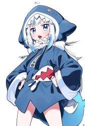 Rule 34 | 1girl, absurdres, animal hood, blue eyes, blue hair, blue hoodie, blush, commentary, drawstring, english commentary, fins, fish tail, gawr gura, gawr gura (1st costume), hands on own hips, highres, hololive, hololive english, hood, hood up, hoodie, long hair, long sleeves, looking at viewer, multicolored hair, open mouth, shark hood, shark tail, sharp teeth, silver hair, simple background, solo, standing, streaked hair, tail, teeth, tosyeo, v-shaped eyebrows, virtual youtuber, white background, wide sleeves