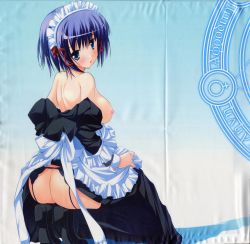 Rule 34 | 1girl, absurdres, ass, blue eyes, blue hair, blush, breasts, engage links, garter belt, hair ribbon, helen (engage links), highres, huge ass, kneeling, looking at viewer, looking back, maid, maid headdress, matching hair/eyes, nimura yuuji, nipples, open mouth, ribbon, saiga (company), short hair, solo, squatting, thighhighs, wide hips