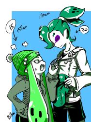 Rule 34 | 1boy, 1girl, age difference, anger vein, angry, artist name, beanie, beret, bike shorts, collar grab, commentary, cowboy shot, crazy (zoza), fangs, flower, from side, fume, green eyes, green hair, hand in pocket, hat, height difference, highres, holding, holding clothes, holding hat, hood, hoodie, inkling, inkling boy, inkling girl, inkling player character, jacket, light smile, long hair, long sleeves, looking at another, nintendo, partially colored, pointy ears, samurai (zoza), scrunchie, signature, single vertical stripe, splatoon (series), splatoon 1, tentacle hair, topknot, unworn hat, unworn headwear, zoza