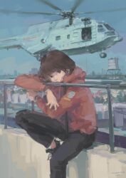 Rule 34 | 1girl, against railing, aircraft, black footwear, black pants, brown eyes, brown hair, changhe z-8, cityscape, hallelujah zeng, helicopter, hood, hooded sweater, hoodie, knee up, leaning, looking at viewer, military, military vehicle, original, pants, people&#039;s liberation army, people&#039;s liberation army navy, railing, red sweater, shoes, sitting, sneakers, solo, sweater