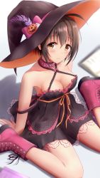 Rule 34 | 1girl, absurdres, ahoge, bare arms, bare shoulders, black dress, boots, bow, breasts, cleavage, collar, criss-cross halter, dress, halloween, halloween costume, halterneck, hat, hat bow, highres, idolmaster, idolmaster cinderella girls, kohinata miho, layered dress, looking at viewer, masuku (saint mask), medium breasts, pink footwear, short dress, sitting, sleeveless, sleeveless dress, solo, studded collar, symbol-only commentary, wariza, witch hat